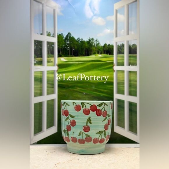 Cherry Patterned Blue/Red Ceramic Planter without drainage hole - Picture 3 of 9